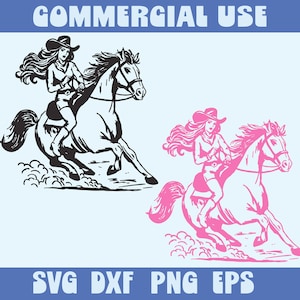 Retro Cowgirl On Horse Rodeo Svg Png Eps Dxf | Country Western Cut Files Cricut Silhouette | Vintage Cowboy Clipart Sublimation Shirt Design