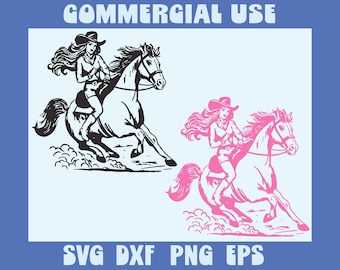 Retro Cowgirl On Horse Rodeo Svg Png Eps Dxf | Country Western Cut Files Cricut Silhouette | Vintage Cowboy Clipart Sublimation Shirt Design