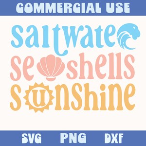 saltwater seashells sunshine groovy summer shirt design png svg bundle make family tshirts tumblers tote bags stickers and more to sell or gift with sublimation or cricut or silhouette cutting machines. Great beach vacation craft project.