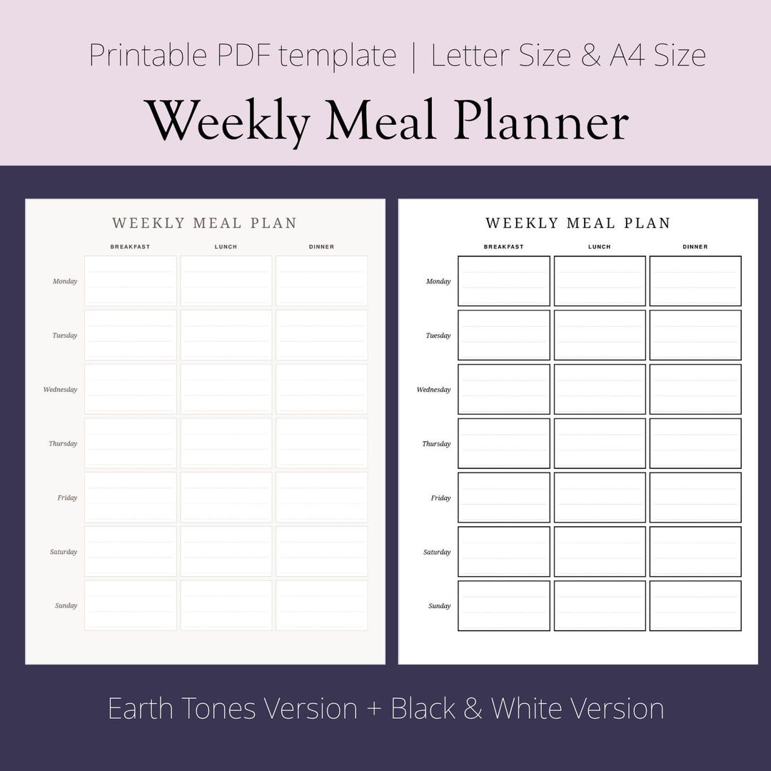 Minimalist Weekly Meal Planner Printable PDF Bundle | Monday - Sunday ...