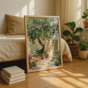Mediterranean Olive Tree Poster, Sunny Courtyard Wall Art, Terracotta Pots Print