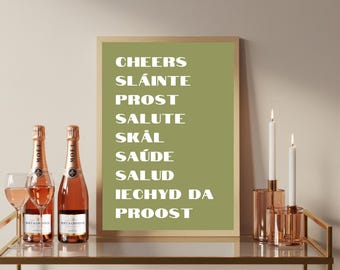 Wielojęzyczny wydruk „Cheers”: Retro szyld barowy, typografia kuchenna (A4/A3/A2/A1)