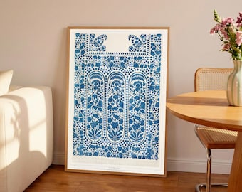 Lámina textil india vintage: diseño de bufanda floral azul (sin marco)