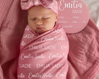 Personalized Baby Swaddle Blanket, Custom Name Swaddle Set For Girl or Boy, Newborn Swaddle, Hospital Coming Home Outfit, Name Announcement