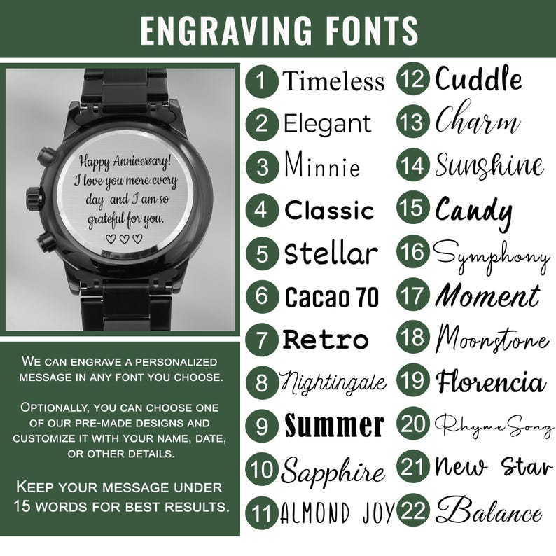 May include: Black wristwatch with a personalized engraving. The watch face displays a message: "Happy Anniversary! I love you more every day and I am so grateful for you." The image also shows a list of 22 engraving fonts.