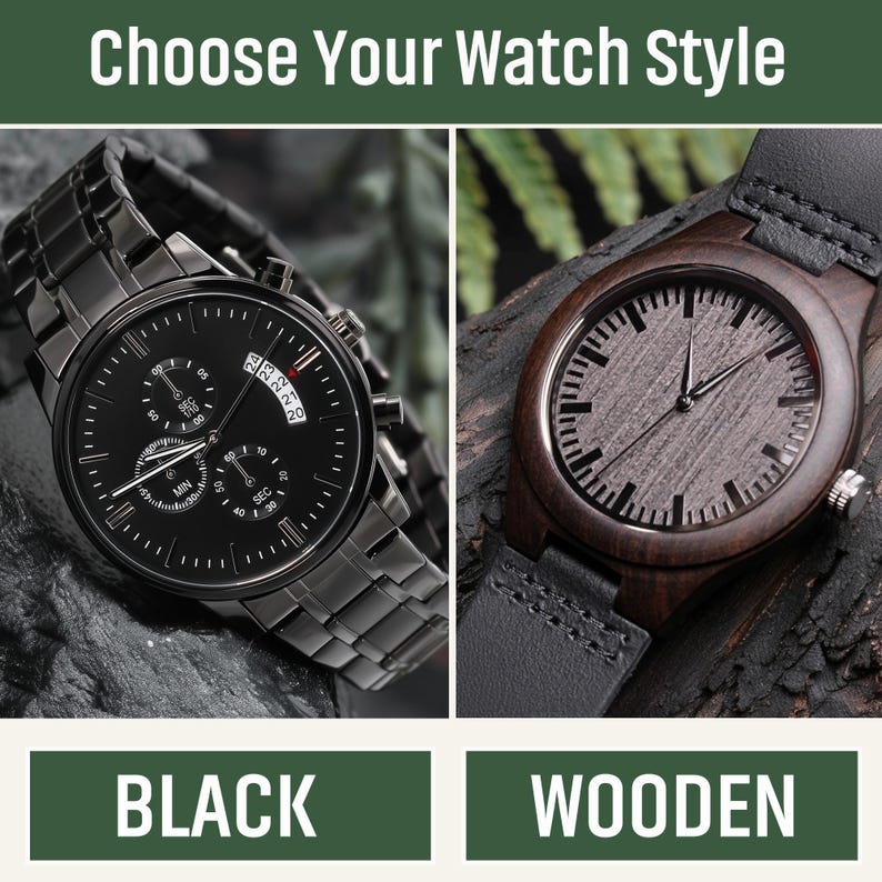 May include: Two watches are displayed, one black and one wooden. The black watch has a black metal band and a black face with white hands and markers. The wooden watch has a dark wood face and a black leather band. Text at the top says "Choose Your Watch Style".