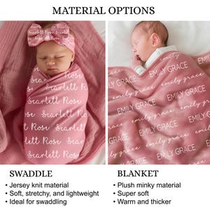 Pode incluir: Duas imagens apresentam artigos para beb&eacute;s. Uma mostra um beb&eacute; enrolado numa manta de malha de jersey rosa, a outra um beb&eacute; sob um cobertor rosa. Ambos s&atilde;o personalizados com nomes em escrita branca. O texto "MATERIAL OPTIONS" est&aacute; no topo.