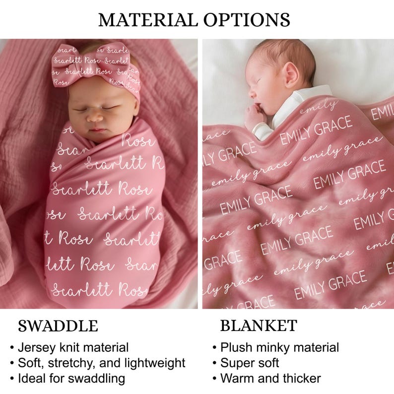 Pode incluir: Duas imagens apresentam artigos para beb&eacute;s. Uma mostra um beb&eacute; enrolado numa manta de malha de jersey rosa, a outra um beb&eacute; sob um cobertor rosa. Ambos s&atilde;o personalizados com nomes em escrita branca. O texto "MATERIAL OPTIONS" est&aacute; no topo.