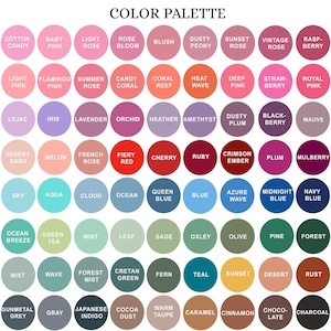 Pode incluir: Um gr&aacute;fico de paleta de cores com uma variedade de tons, cada um rotulado com um nome descritivo. O gr&aacute;fico inclui tons de rosa, vermelho, azul, verde e marrom, com nomes como "Cotton Candy", "Cherry" e "Forest".