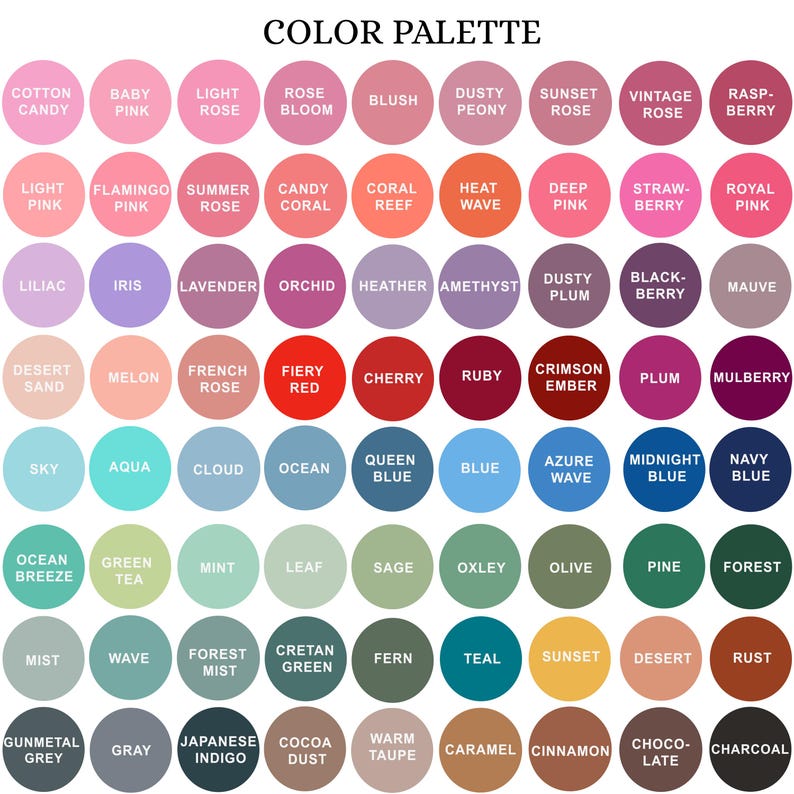 Pode incluir: Um gr&aacute;fico de paleta de cores com uma variedade de tons, cada um rotulado com um nome descritivo. O gr&aacute;fico inclui tons de rosa, vermelho, azul, verde e marrom, com nomes como "Cotton Candy", "Cherry" e "Forest".
