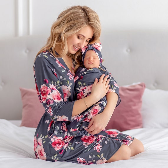 Robe and Swaddle Set Girl, Labor Delivery Gown and Robe, Nursing