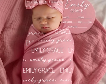 Personalized Baby Swaddle Blanket, Custom Name Swaddle Set For Girl or Boy, Newborn Swaddle, Hospital Coming Home Outfit, Name Announcement
