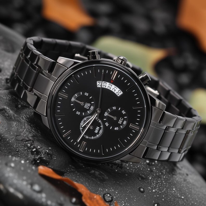 May include: A black wristwatch with a black metal band. The watch face has multiple sub-dials and white markings. The watch is set against a dark, textured background, with a few leaves visible.