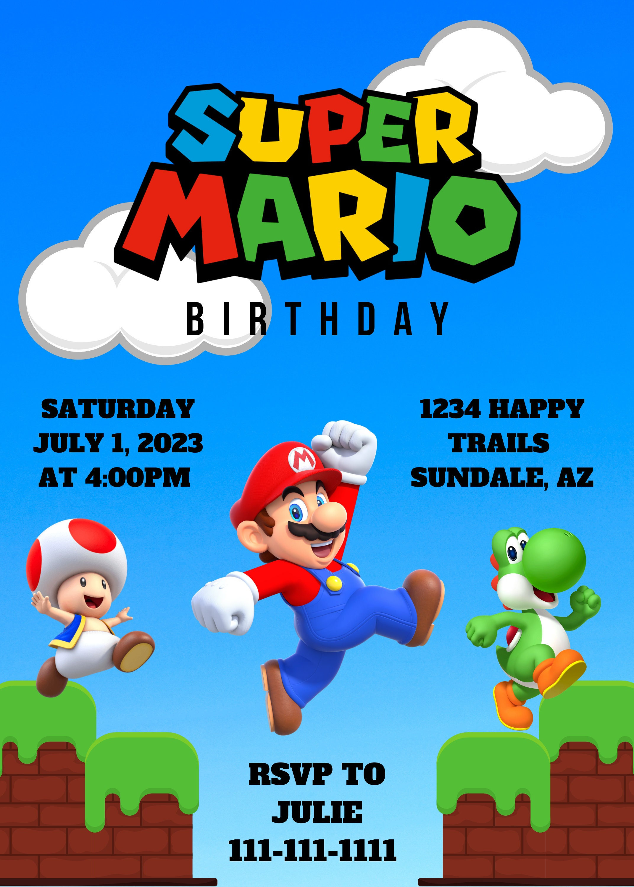 Super Mario Birthday Invitation, Yoshi Birthday Invite, Toad Birthday