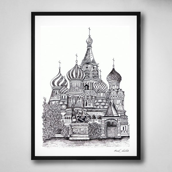 Basilius-Kathedrale, Moskau, handgefertigte Zeichnung, Fineliner, Illustration, Kunstdruck