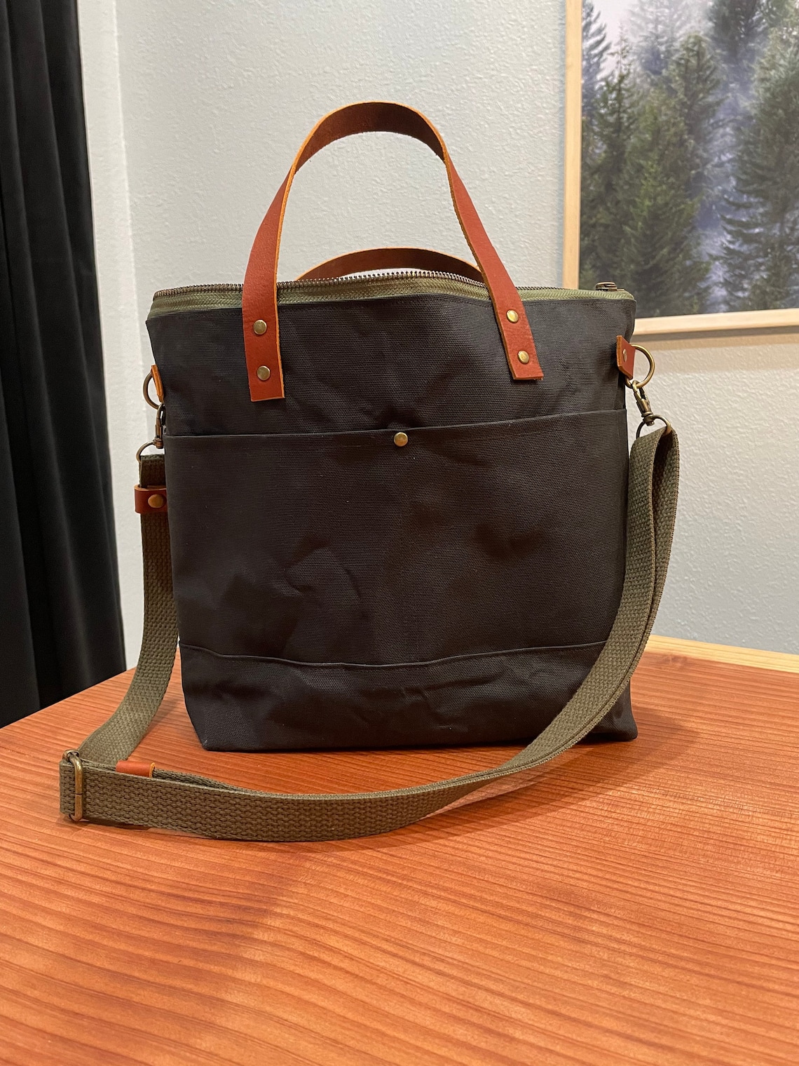 Waxed canvas cross body bag with leather accents. Etsy