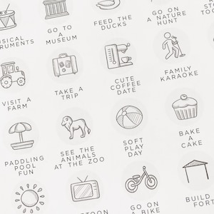 May include: Black and white illustration of activities for a family day out.  The illustrations include a duck, a museum, a coffee cup, a cupcake, a bike, a zoo, a pool, a fort, a nature hunt, a karaoke microphone, a car, a trip, a disco ball, a musical instrument, a sun, a cartoon, a beach ball, and a campfire.
