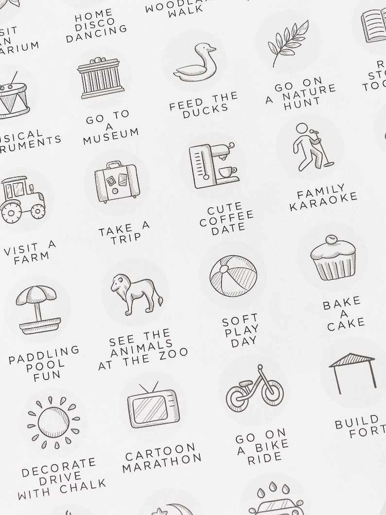 May include: Black and white illustration of activities for a family day out.  The illustrations include a duck, a museum, a coffee cup, a cupcake, a bike, a zoo, a pool, a fort, a nature hunt, a karaoke microphone, a car, a trip, a disco ball, a musical instrument, a sun, a cartoon, a beach ball, and a campfire.