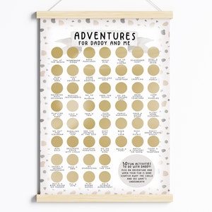May include: A printable poster with a white background and a gray and beige terrazzo pattern. The poster features 50 fun activities to do with a dad, such as going to the beach, visiting an aquarium, and baking a cake. The poster has a gold circle around each activity and the text "50 Fun Activities to do with Daddy!" is at the bottom.
