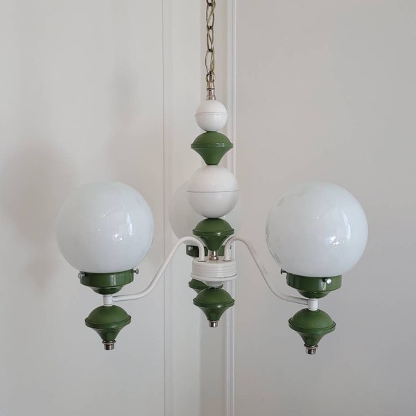Vintage MCM Avacado Green Atomic Light Fixture, Mid-century Modern White Glass Globe Chandelier