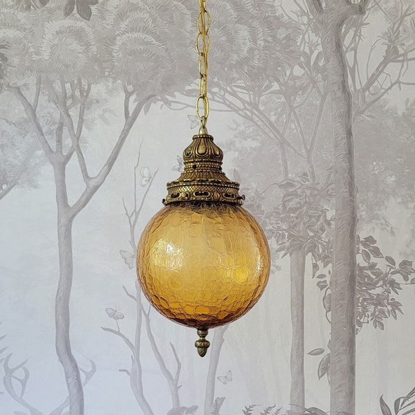 Vintage Plug-in Swag Lamp,  Mid-Century Modern Amber Glass Hanging Lantern, Textured Crackle Glass Globe Light, MCM, Ornate Antique Brass