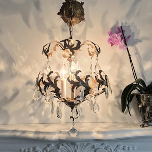 Vintage Schonbek Brass & Crystal Sphere Chandelier Pendant, Victorian French Empire, Ornate Ceiling Canopy, Art Deco Art Nouveau Gold Leaves