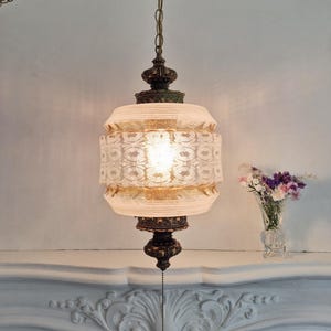 Large Vintage Plug-in Swag Lamp, Ornate Etched Glass Hanging Lantern, Hollywood Regency, Victorian,  Champagne Gold Amber Glass, Diffuser