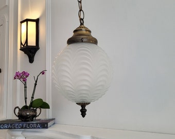 Vintage Pendant Light, Ornate Curtain Glass Globe, Hollywood Regency Hanging Lantern, Victorian Scalloped Rippled Glass, Frosted Cut Glass
