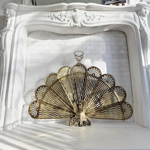 Art Deco Brass Peacock Fireplace Screen, Antique Victorian Gold, Ornate Metal Lace Filligree, Folding Screen, Winged Mythical Creature