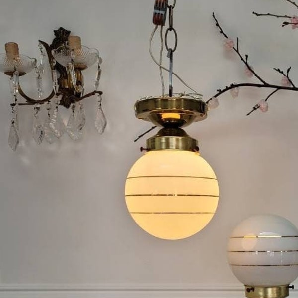 Single Vintage Globe Light, Mid-century Beehive Fixture, Gold Striped 1960's Ceiling Light, Mid-century Modern MCM, Hollywood Regency