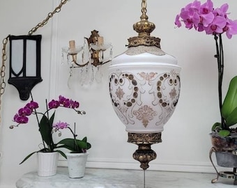 Vintage Plug-in Swag Lamp, Large Ornate Gold Hanging Lantern, Hollywood Regency Light Fixture, Victorian Floral Scroll Filligree