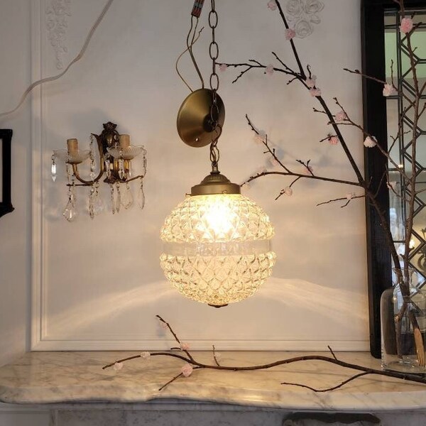 Vintage Cut Glass Globe Pendant, Hollywood Regency Gold Hanging Light, Pineapple Texture Glass Ceiling Light, Mid Century Hanging Lantern