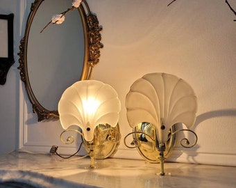 PAIR Vintage Shell Sconces, Frosted Glass & Brass Art Deco Wall Lights, 1980's Art Deco Style Gold Lighting, Frosted Glass Shell Shades