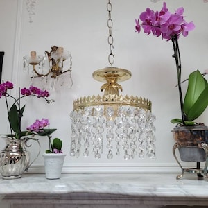 Vintage Small Chandelier, Semi Flush Mount Gold Filligree, Hanging Crystals, Leaf Crown Light, French Empire, Art Deco Art Nouveau, Brass