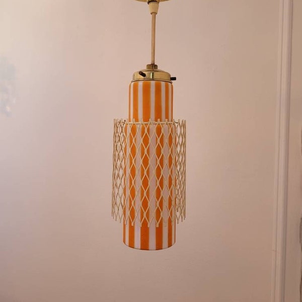 Vintage Mid-century Modern Pendant Light, MCM Orange Striped Glass Cylinder Light, 1960's Cage Hanging Light