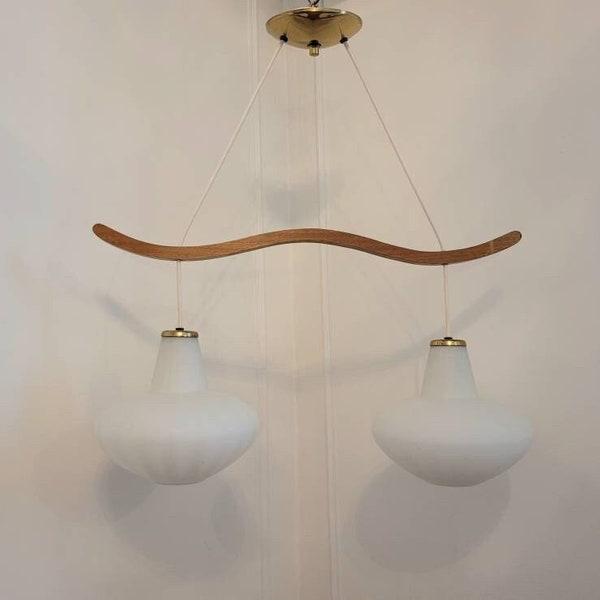 Vintage Mid-century Modern Double Pendant Light, MCM Wood & White Glass Fixture, Vintage Wood Hanging Atomic Saucer Light, Large Chandelier