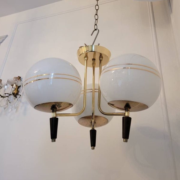 Vintage MCM Ceiling Light Fixture, Large Mid Century Modern Wood & Glass Chandelier,  Atomic Pendant Light, Gold Striped White Globe Light