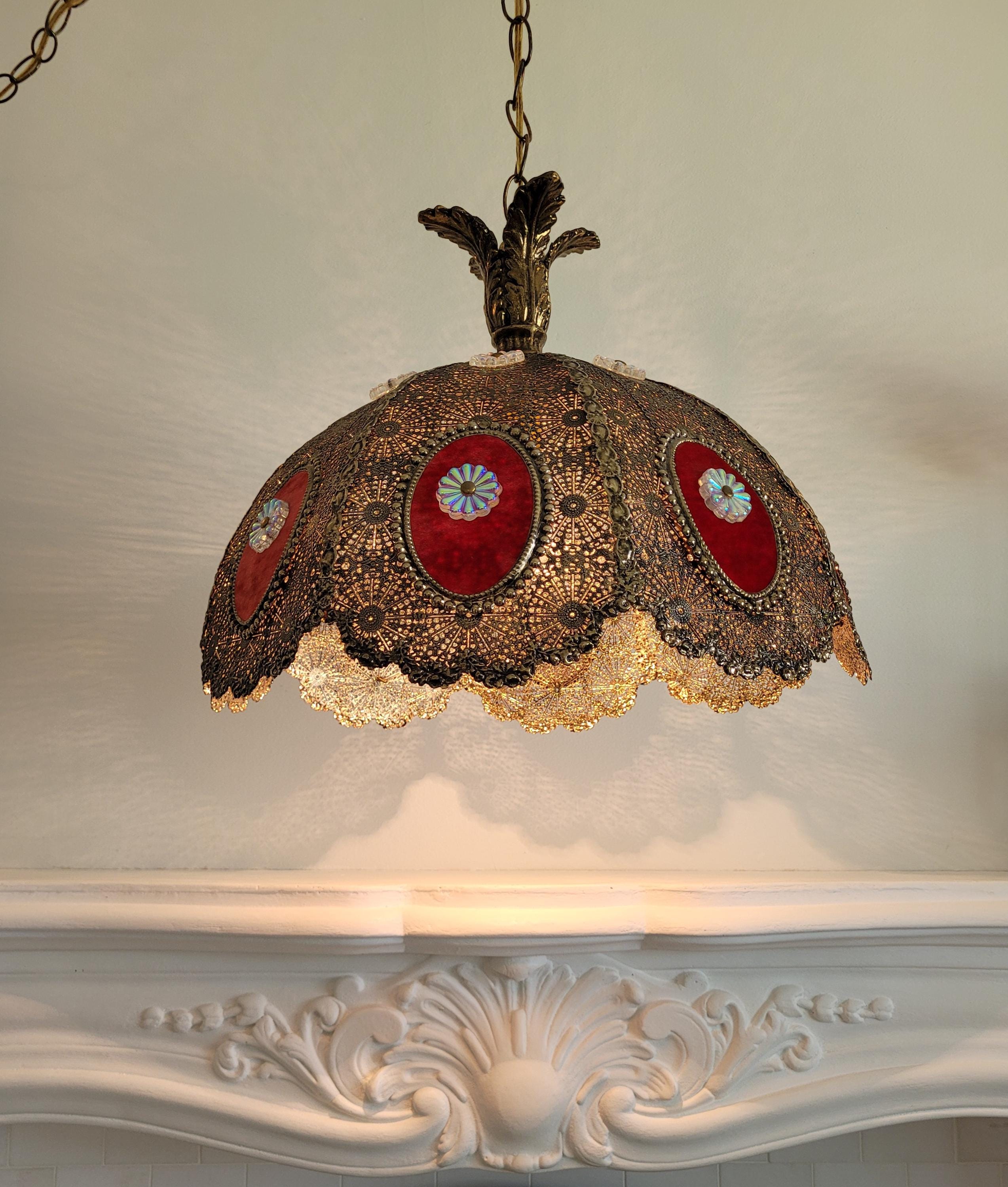 Vintage Plug-in Swag Lamp, Metal Lace Filigree, Ornate Gold