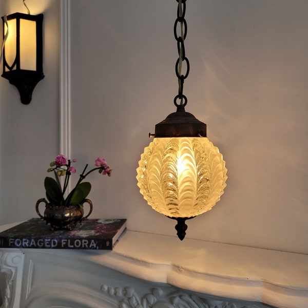 Vintage Swag Pendant Light, Ornate Curtain Glass Globe, Hollywood Regency Victorian Scalloped Faceted Cut Glass