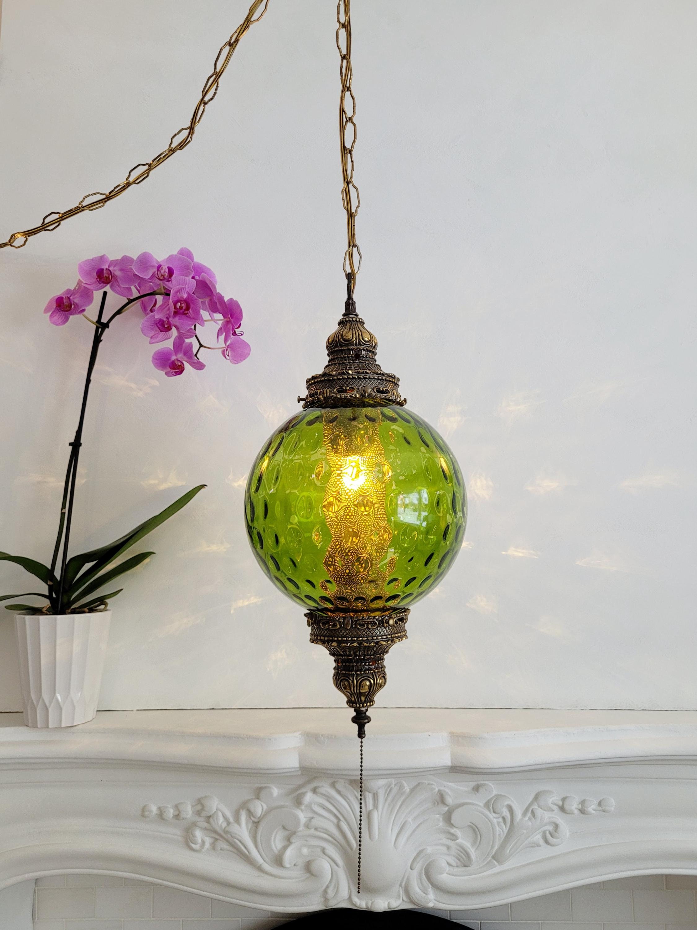 Vintage Plug-in Swag Lamp, Mid-century Modern Green Film Hanging