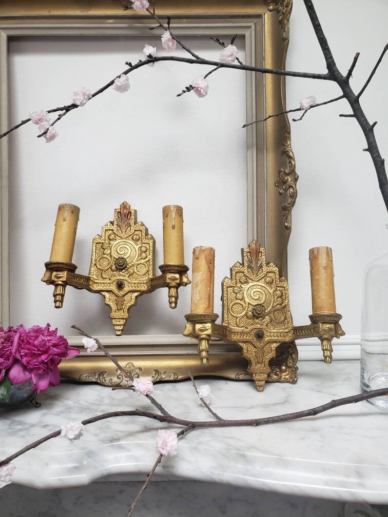 Pair Antique Art Deco Wall Sconces Gold Fan Motif Wall Etsy