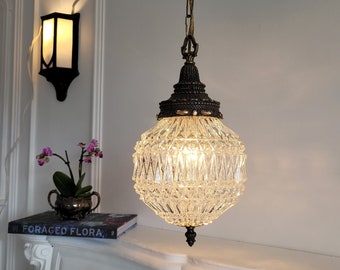 Vintage Pendant Light, Hollywood Regency Ornate Cut Glass, Pineapple Textured Glass, Antique Brass, Mid-century Globe Victorian Lantern