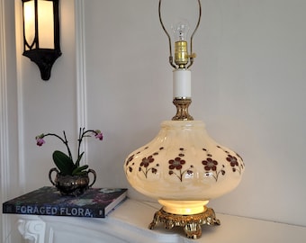 Vintage Table Lamp, Opalescent Floral Light, Ornate Gold, Pearlescent Cream Luster Glass, Red Brown Flowers, Hollywood Regency Light-up Base