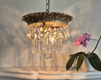 Vintage Tiered Flushmount Chandelier, Small French Empire Antique Brass & Crystal Chandelier, Ornate Gold, Victorian Rococo Art Deco Nouveau