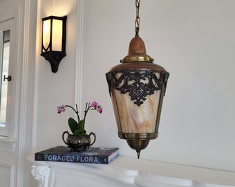 Vintage Stained Glass Pendant Light, Creamy Ivory Marble Glass, Ornate Victorian Hanging Lantern, Art Deco Art Nouveau Light, Brass Canopy