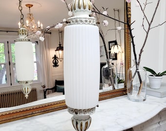 Vintage Hollywood Regency Light, Aladdin Hanging Lantern, Ribbed Milk Glass Cylinder Pendant Light, Ornate Gold Art Deco Filligree Lighting