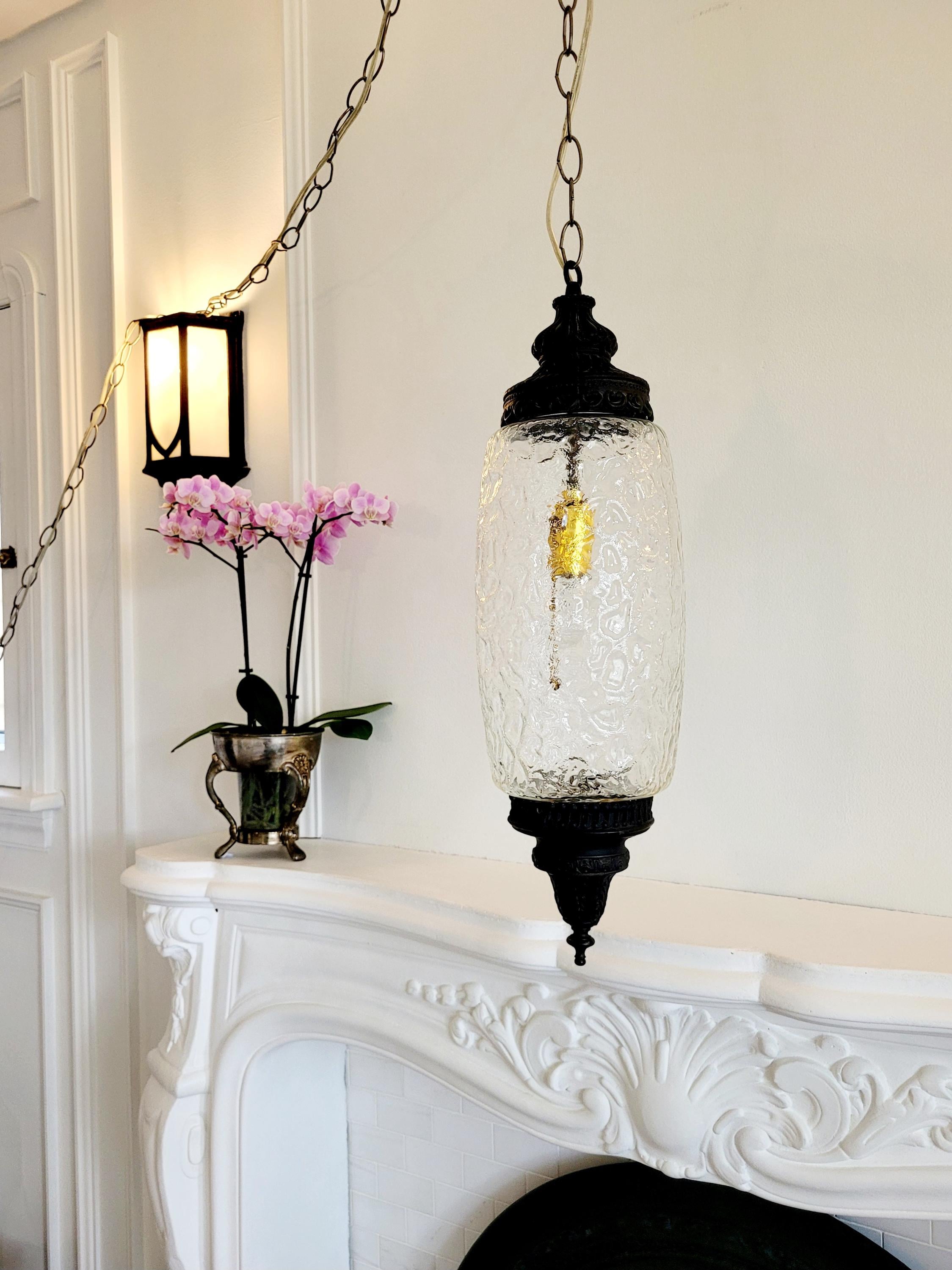 Vintage Plug-in Swag Lamp, Ornate Victorian Textured Glass Lantern
