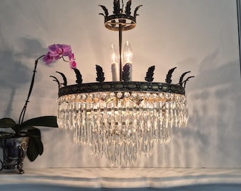 Vintage Brass & Crystal Tiered Chandelier Victorian, Antique Brass, French Empire, Ornate Ceiling Canopy, Crown Light, Leaves, Wedding Cake
