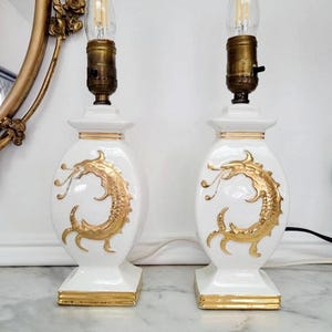 PAIR Vintage Dragon Lamps, Gold & Cream Ceramic Crackle Glaze French Style Lamps, Napoleonic Elegant Gold Lighting