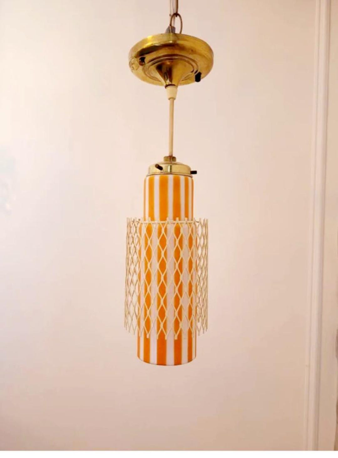 Vintage Mid-century Modern Pendant Light, MCM Orange Striped